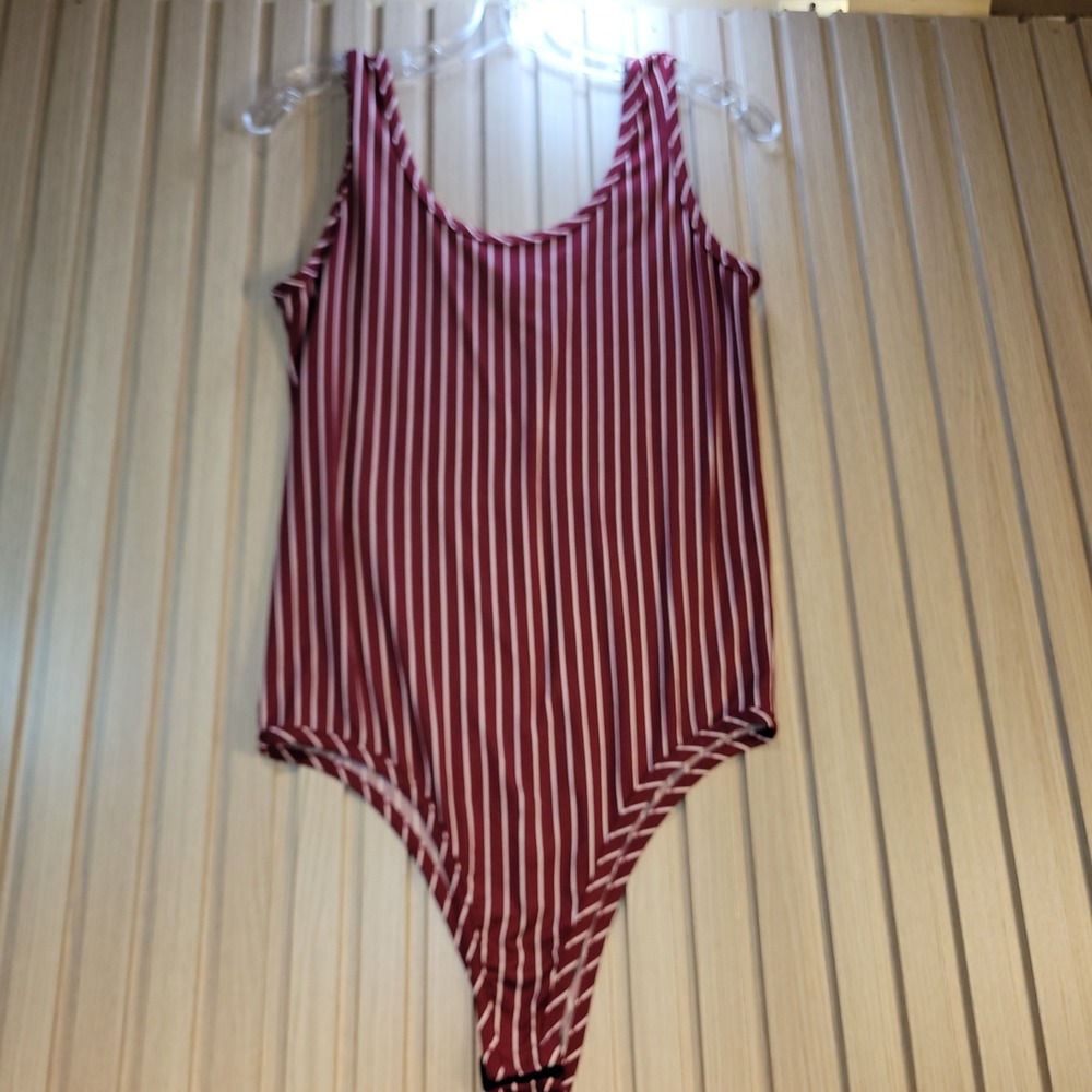 Beware Burgundy White Striped Sleeveless Bodice Scoop Neck Bodysuit 6119 USA L